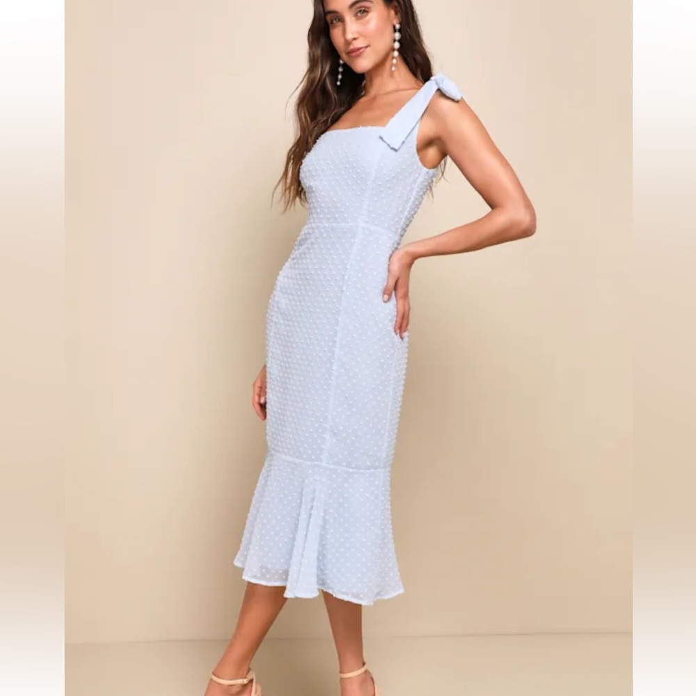 Lulus Bimini Periwinkle Blue Swiss Dot Tie-Strap Midi Dress - Picture 2 of 4